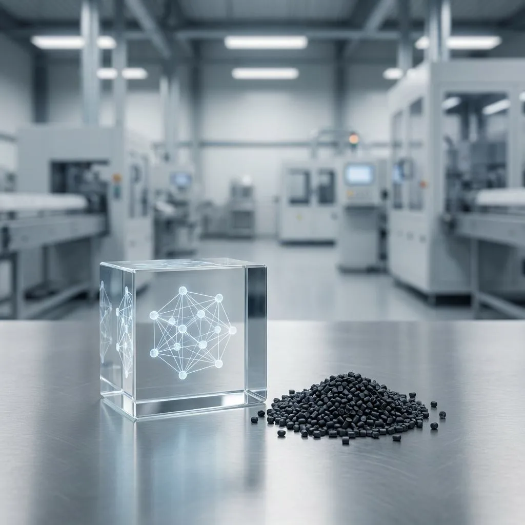 Minimalistyczna fotografia przedstawiająca szklany blok z wygrawerowaną siecią węzłów blockchain na tle szczotkowanej stali i granulatu z recyklingu, symbolizujący Cyfrowy Paszport Produktu w systemach ERP.