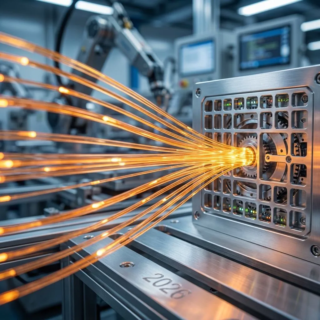 Dynamiczna fotografia świetlistych linii światłowodowych wnikających w metaliczną matrycę, symbolizująca płynną integrację danych sprzedażowych z harmonogramem produkcji.