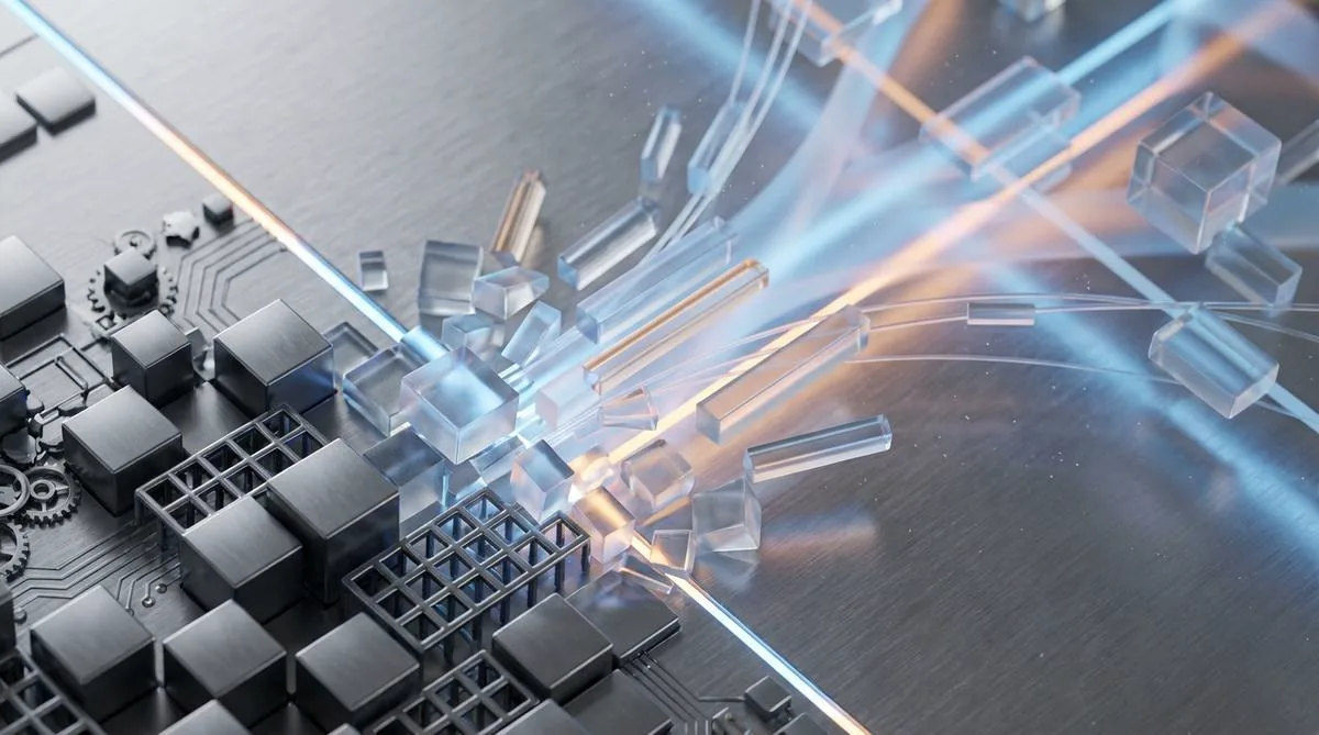 Makrofotografia technologiczna z ukośną kompozycją, gdzie sztywne metalowe bloki płynnie przechodzą w lśniącą, geometryczną ścieżkę światła i szkła.