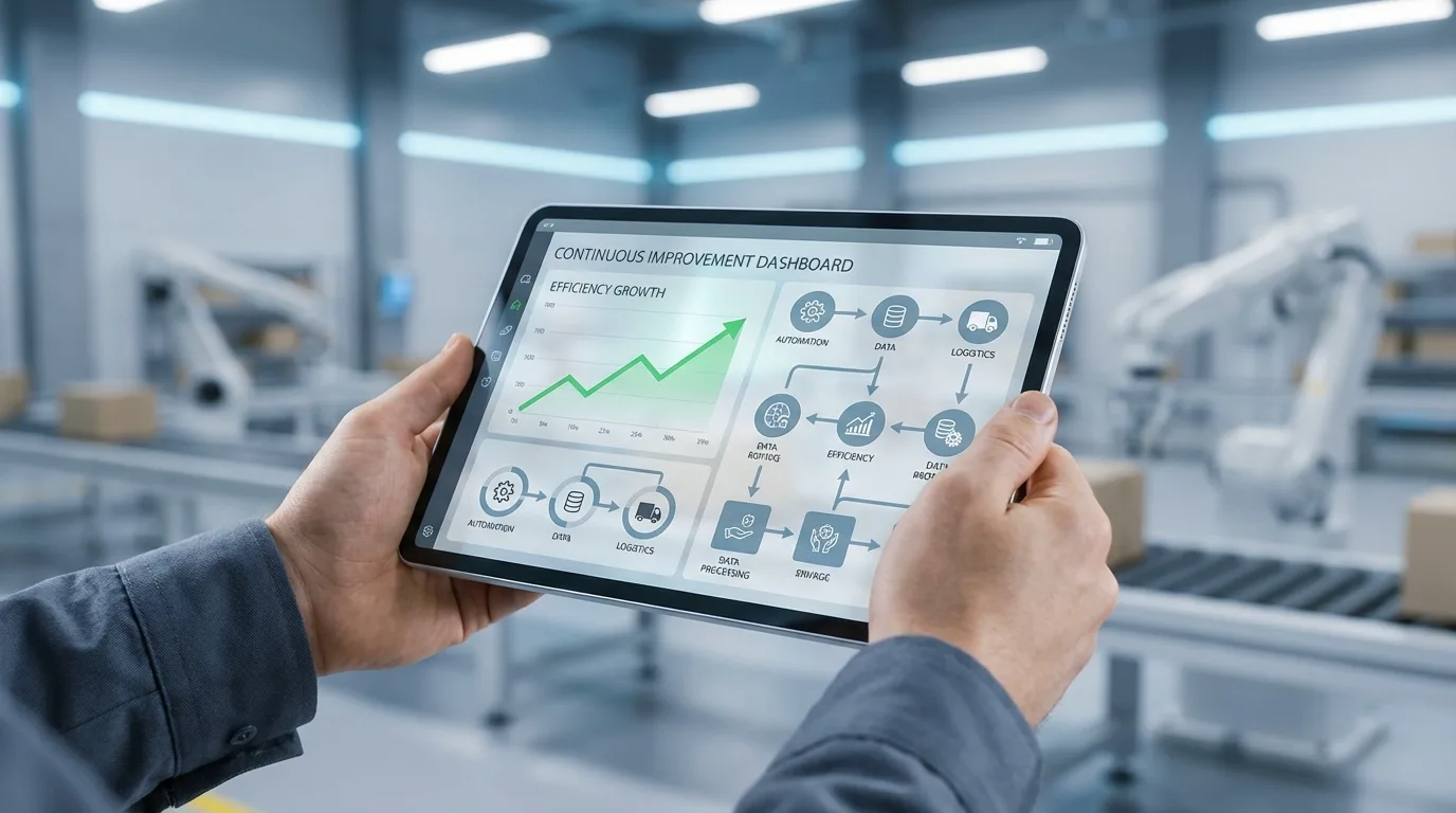 Zbliżenie na tablet z wykresem wzrostu wydajności na tle nowoczesnej hali produkcyjnej, symbolizujące ciągłe doskonalenie procesów.