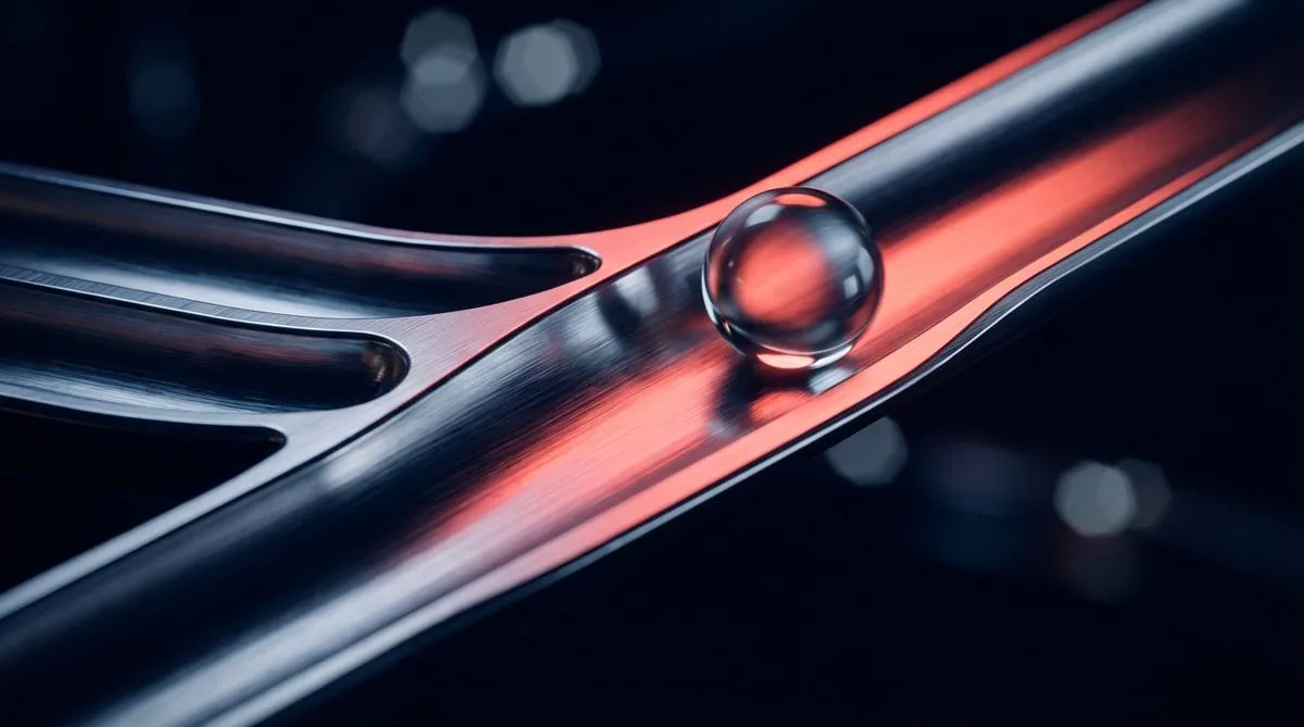 Makro fotografia przedstawiająca elegancki mechanizm tytanowy, gdzie trzy ścieżki płynnie łączą się w jedną, oświetloną koralowym światłem, z rozmytym tłem bokeh.