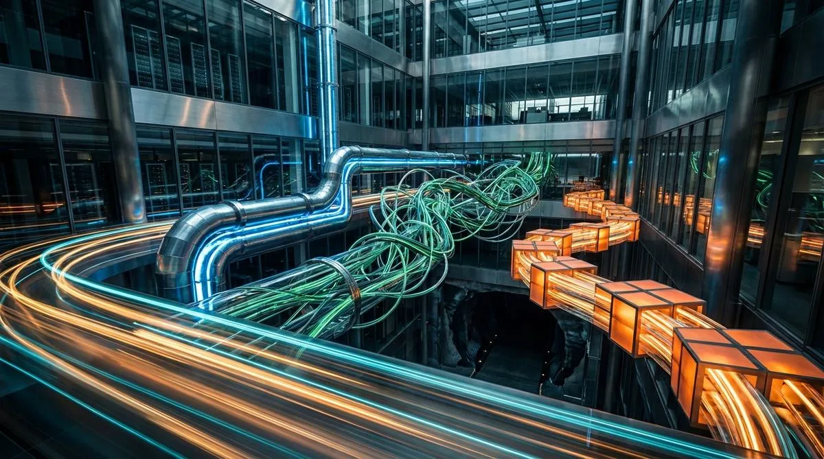 Realistyczna, abstrakcyjna kompozycja fotograficzna przedstawiająca trzy różne świetliste struktury technologiczne - zintegrowaną, skomplikowaną i modułową - zawieszone nad mroczną przestrzenią symbolizującą ukryte koszty IT, z dynamicznymi smugami światła na pierwszym planie.