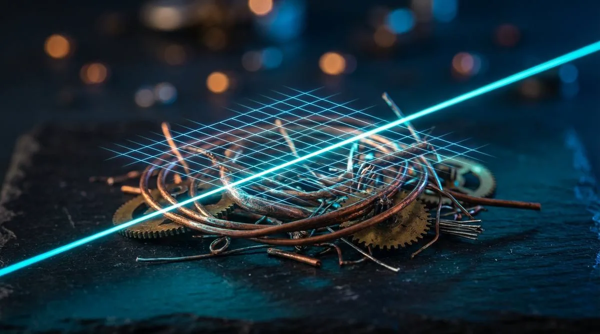 Zbliżenie makro na splątane miedziane przewody skanowane przez precyzyjny, błękitny promień lasera układający z nich cyfrową, uporządkowaną siatkę na eleganckim, ciemnym tle z efektem świetlnym bokeh.