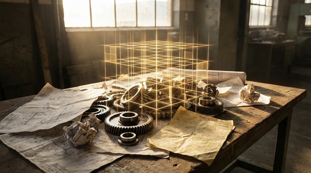 Fotograficzna kompozycja ukazująca przemianę chaotycznych dokumentów produkcyjnych i części mechanicznych w uporządkowaną, świetlistą strukturę cyfrową na stole warsztatowym.