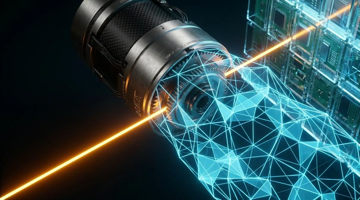 Abstrakcyjna fotografia technologiczna ukazująca tytanowy komponent produkcyjny połączony ze świetlistą, geometryczną siatką sztucznej inteligencji, oddzielony od głębokich cieni jasną, pomarańczową linią.
