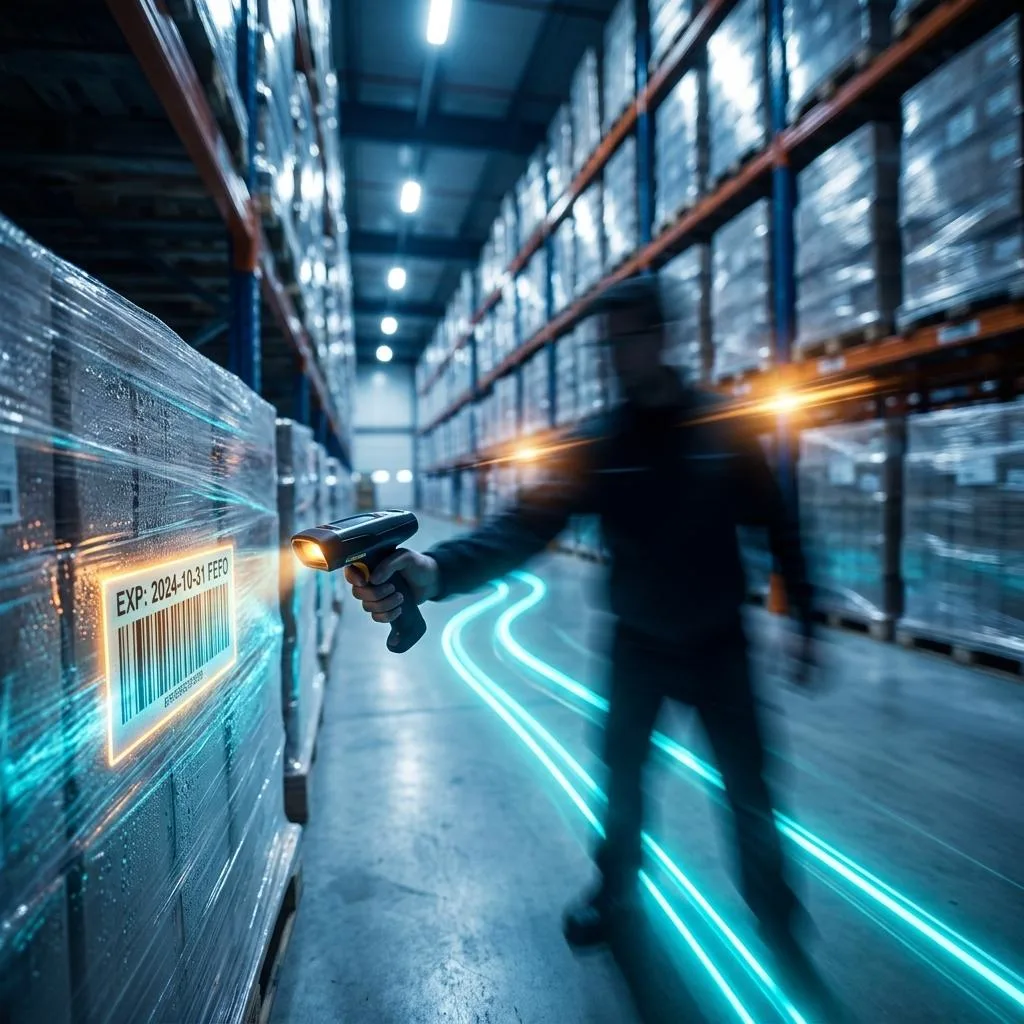 Szeroki kadr magazynu FMCG z dynamicznym ruchem skanowania palety, symbolizujący zautomatyzowaną strategię FEFO i kontrolę dat ważności przez system ERP.