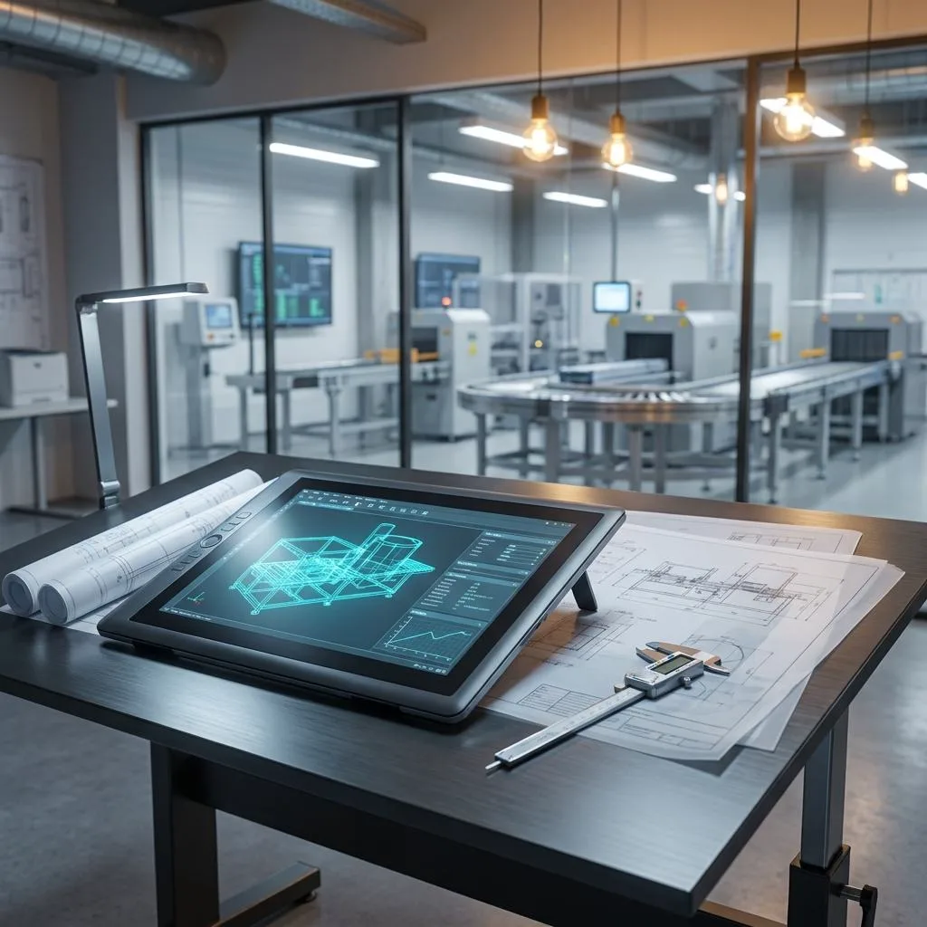 Zbliżenie z dynamicznego kąta na nowoczesne biurko inżynieryjne z tabletem wyświetlającym model CAD 3D, rysunkami technicznymi i suwmiarką na tle rozmytego biura logistycznego.