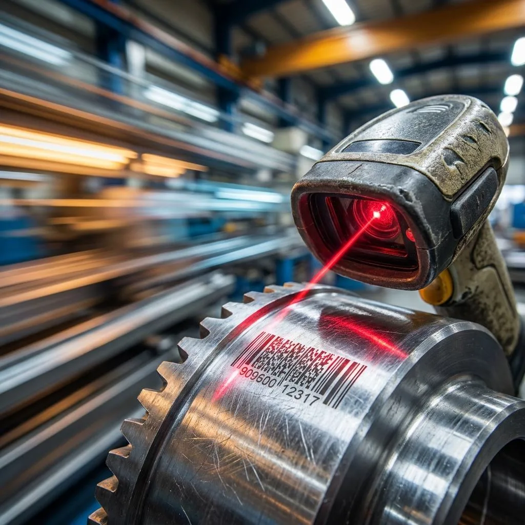 Makro zbliżenie na przemysłowy skaner laserowy odczytujący dane z metalowego detalu na tle tętniącej życiem, rozmytej w ruchu hali produkcyjnej.