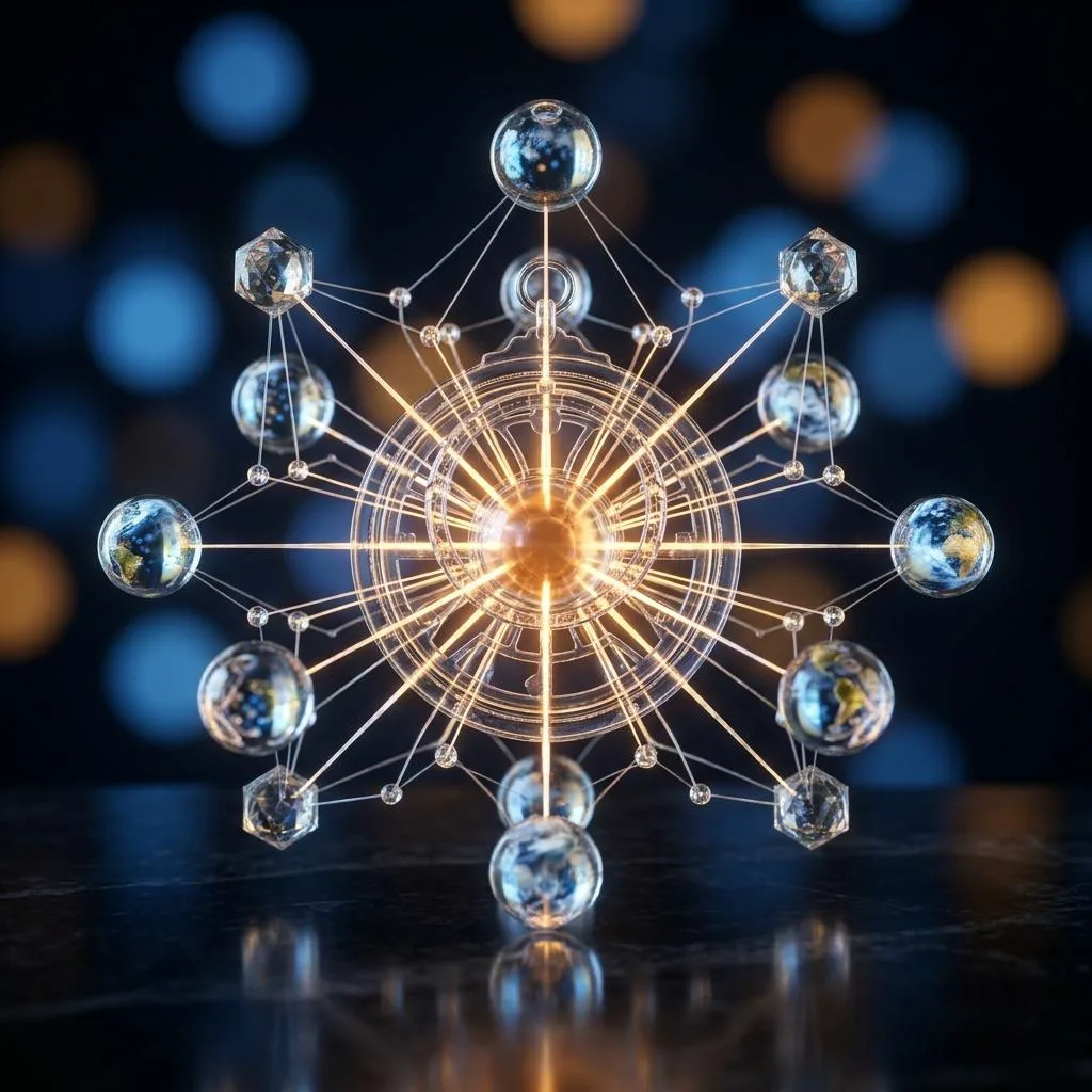Symetryczna kompozycja fotograficzna przedstawiająca świetlisty graf wiedzy w formie szklanego astrolabium na ciemnym tle z efektem bokeh, symbolizująca predykcyjną sztuczną inteligencję w systemach ERP.