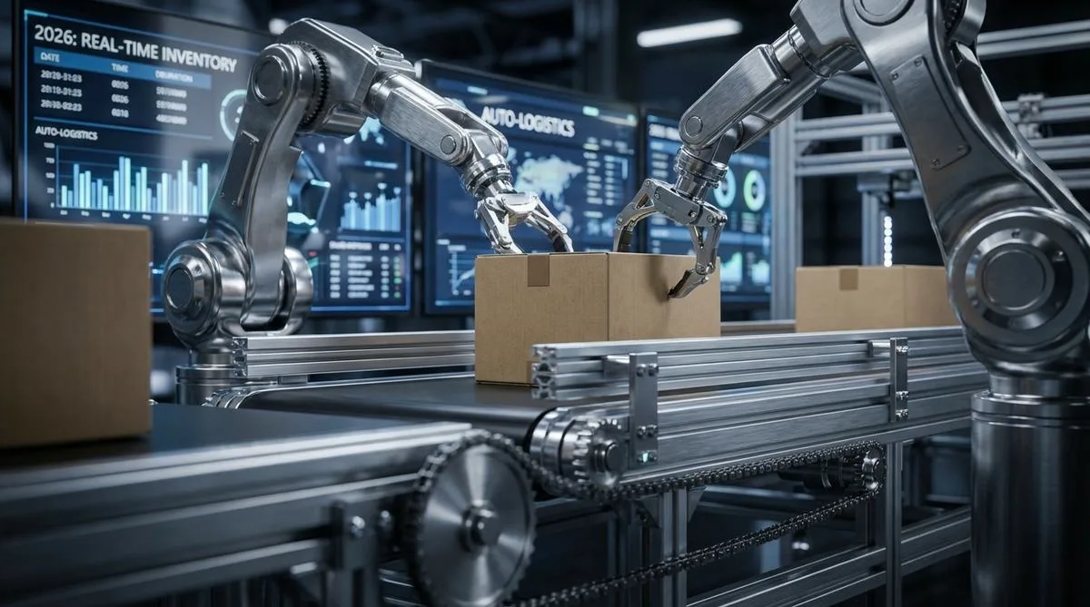 Szczegółowe ujęcie z bliska ukazujące złożoność systemu automatyzacji w magazynie, z mechanicznymi ramionami robotów i ekranami wyświetlającymi dane o inwentaryzacji.