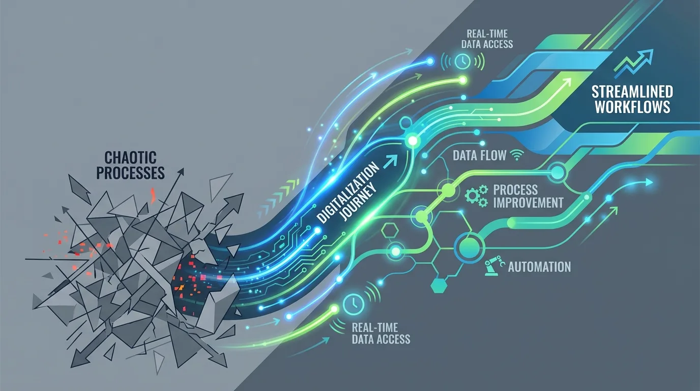 Diagram ilustrujący cyfryzację procesów produkcyjnych i logistycznych, przedstawiający przejście od chaosu do efektywności za pomocą abstrakcyjnych kształtów i dynamicznych linii.