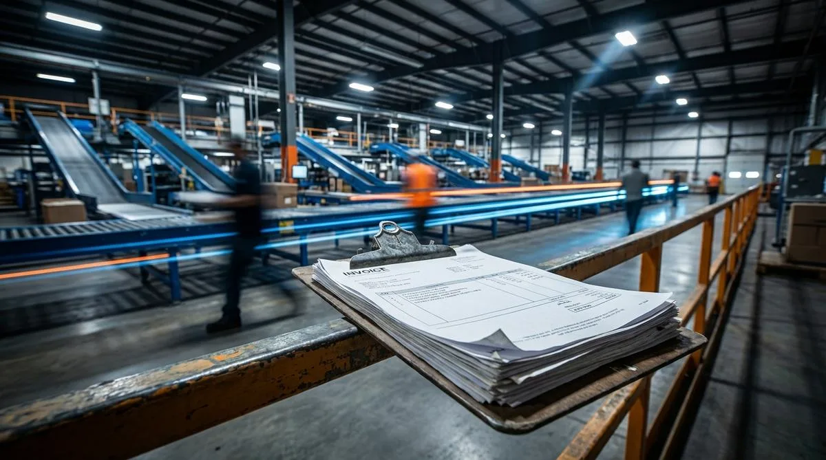 Artystyczne ujęcie magazynu logistycznego, gdzie na pierwszym planie leży sterta papierowych dokumentów, a tło wypełnia dynamiczne rozmycie ruchu symbolizujące szybkie procesy cyfrowe.