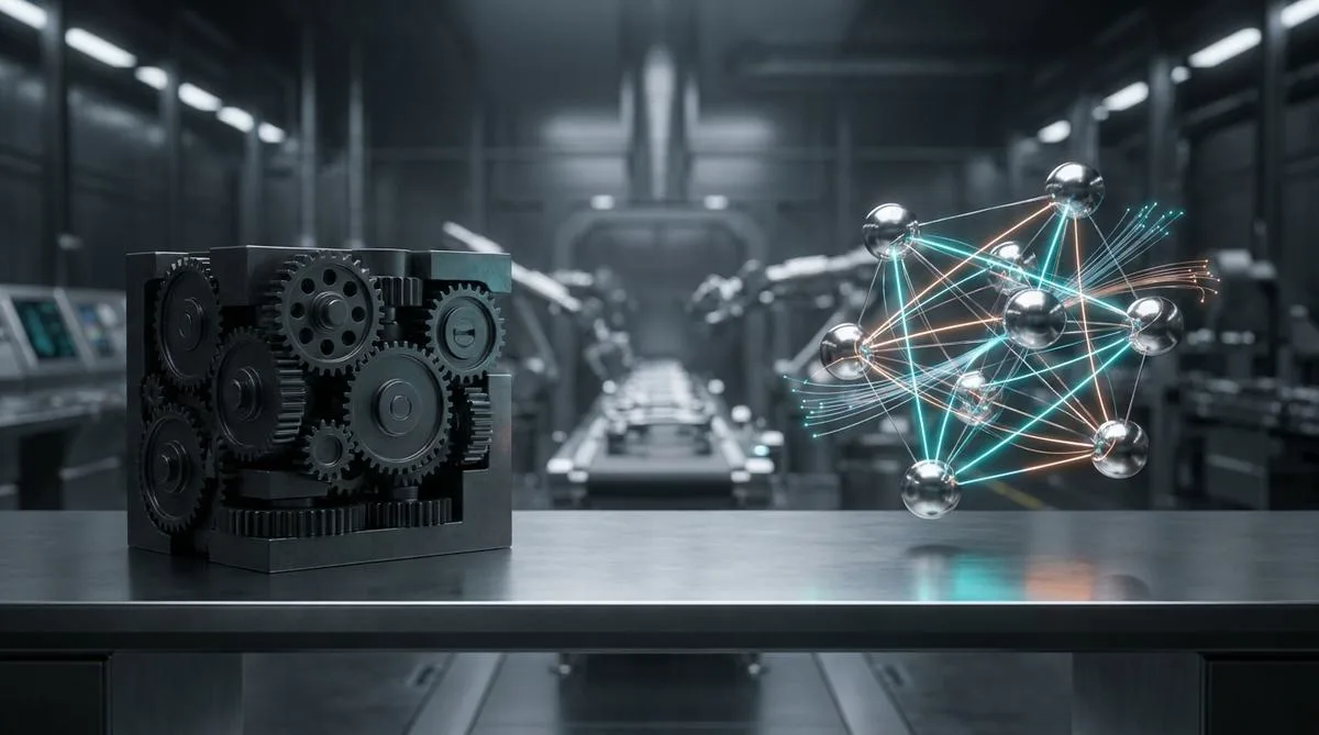 Abstrakcyjna wizualizacja zestawienia ciężkiego, monolitycznego mechanizmu z dynamiczną, świetlistą siecią modułową na metalicznym stole, symbolizująca przewagę low-code i AI nad tradycyjnym systemem ERP.