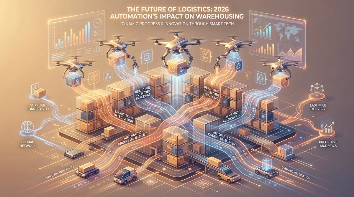 Infografika przedstawiająca przyszłość magazynów w 2026 roku, ilustrująca automatyzację i nowoczesne technologie w logistyce.