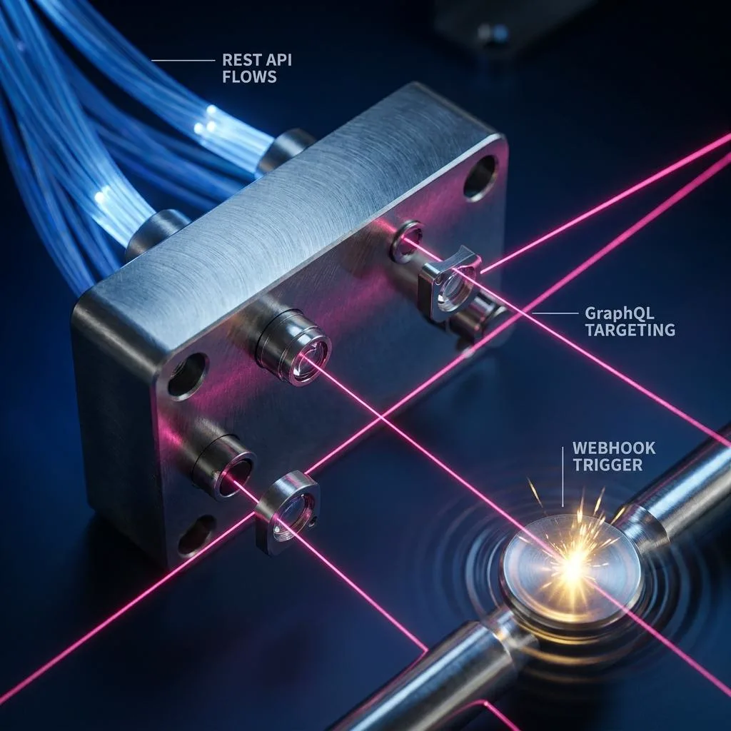 Abstrakcyjna, metaliczna instalacja z ukośnymi wiązkami światła światłowodowego i precyzyjnych laserów, symbolizująca wymianę danych przez REST API, GraphQL i Webhooki.