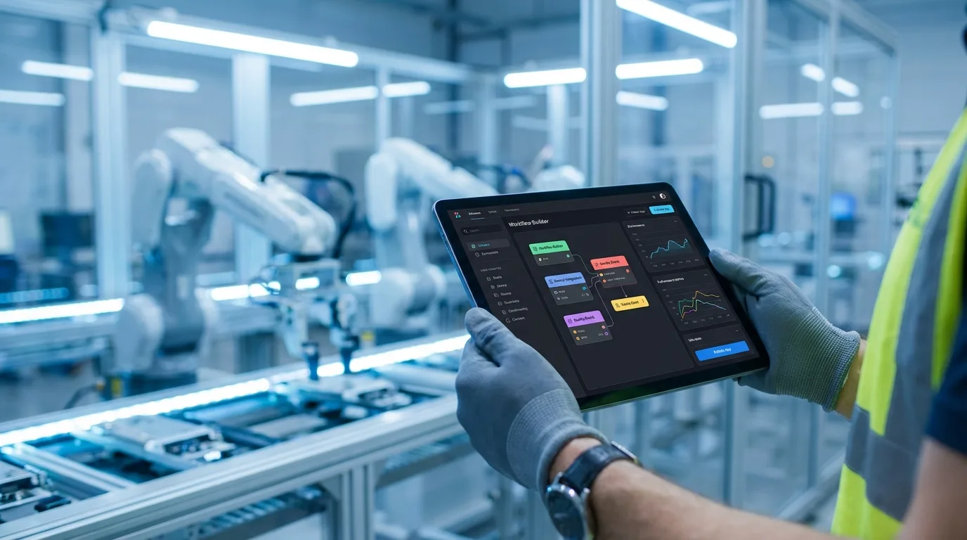 Dłonie pracownika trzymające tablet z aplikacją low-code na tle rozmytej, nowoczesnej hali produkcyjnej.