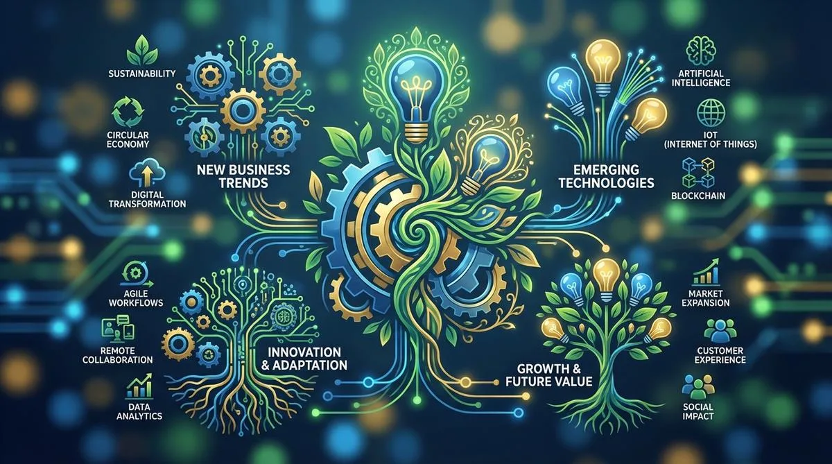 Abstrakcyjny diagram przedstawiający symbiozę nowych trendów i technologii w biznesie XXI wieku, z symbolami takimi jak zębate koła i żarówki, w otoczeniu organicznych elementów.