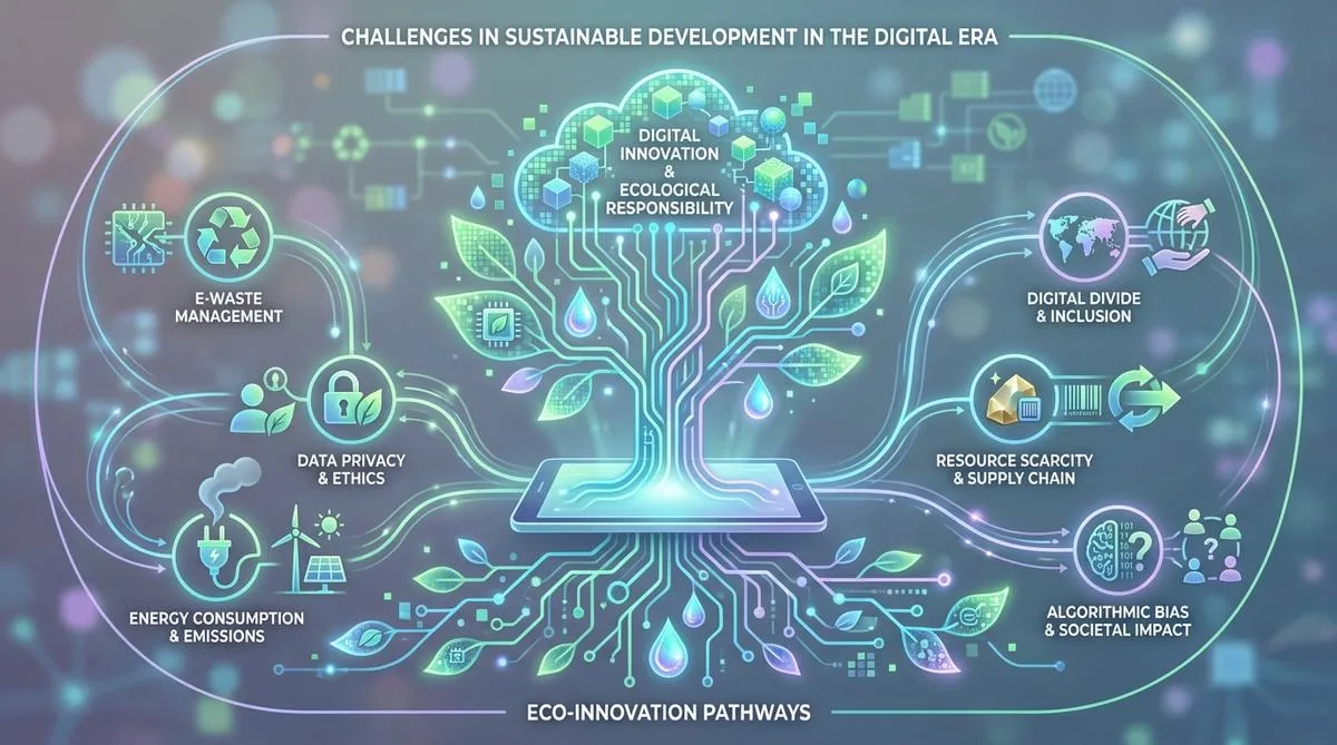 Diagram ilustrujący wyzwania zrównoważonego rozwoju w erze cyfrowej, z abstrakcyjnymi formami technologicznymi i naturalnymi, symbolizującymi połączenie ekologii z cyfryzacją.