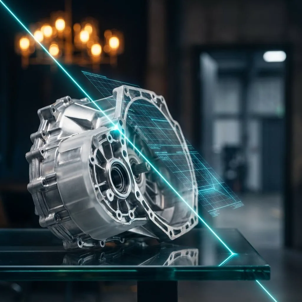 Metalowy komponent motoryzacyjny na szklanym stole oświetlony promieniem skanera, na rozmytym tle nowoczesnego biura, symbolizujący identyfikowalność na produkcji.