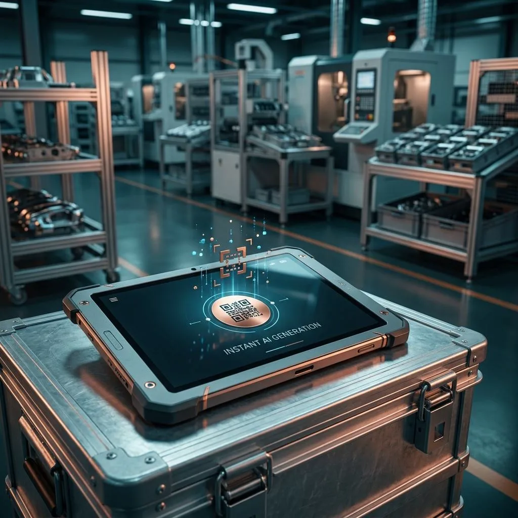 Przemysłowy tablet na metalowej skrzyni logistycznej, wyświetlający natychmiast wygenerowany przez AI minimalistyczny interfejs z przyciskiem skanera, na tle nowoczesnej hali produkcyjnej automotive.