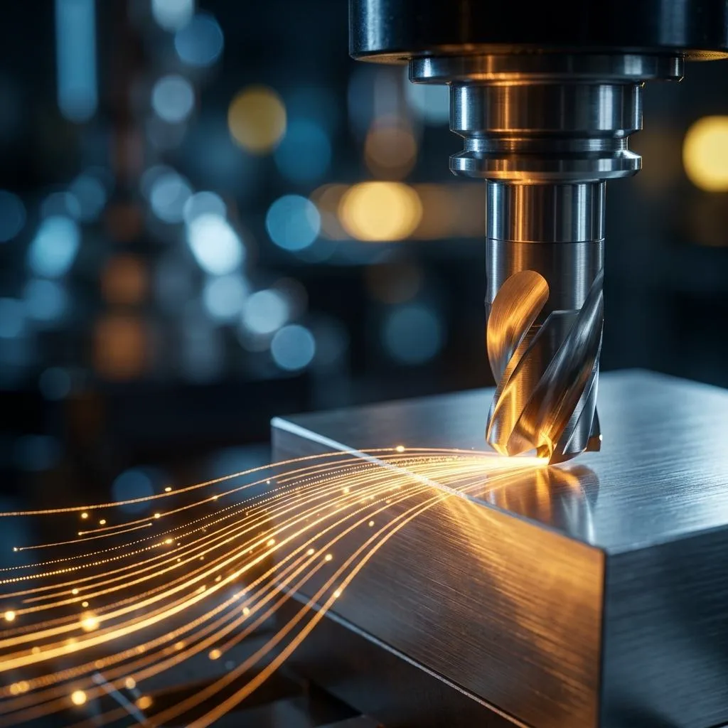 Makro fotografia frezu CNC rzeźbiącego w bloku aluminium, z którego wydobywają się uporządkowane, złote linie świetlne symbolizujące precyzyjne algorytmy planowania.