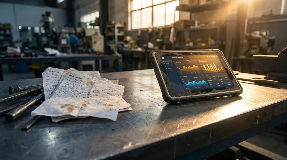 Przemysłowy tablet ze świecącym cyfrowym harmonogramem leżący na stalowym stole warsztatowym obok stosu zużytych, papierowych kart obiegowych, oświetlony naturalnym światłem słonecznym.