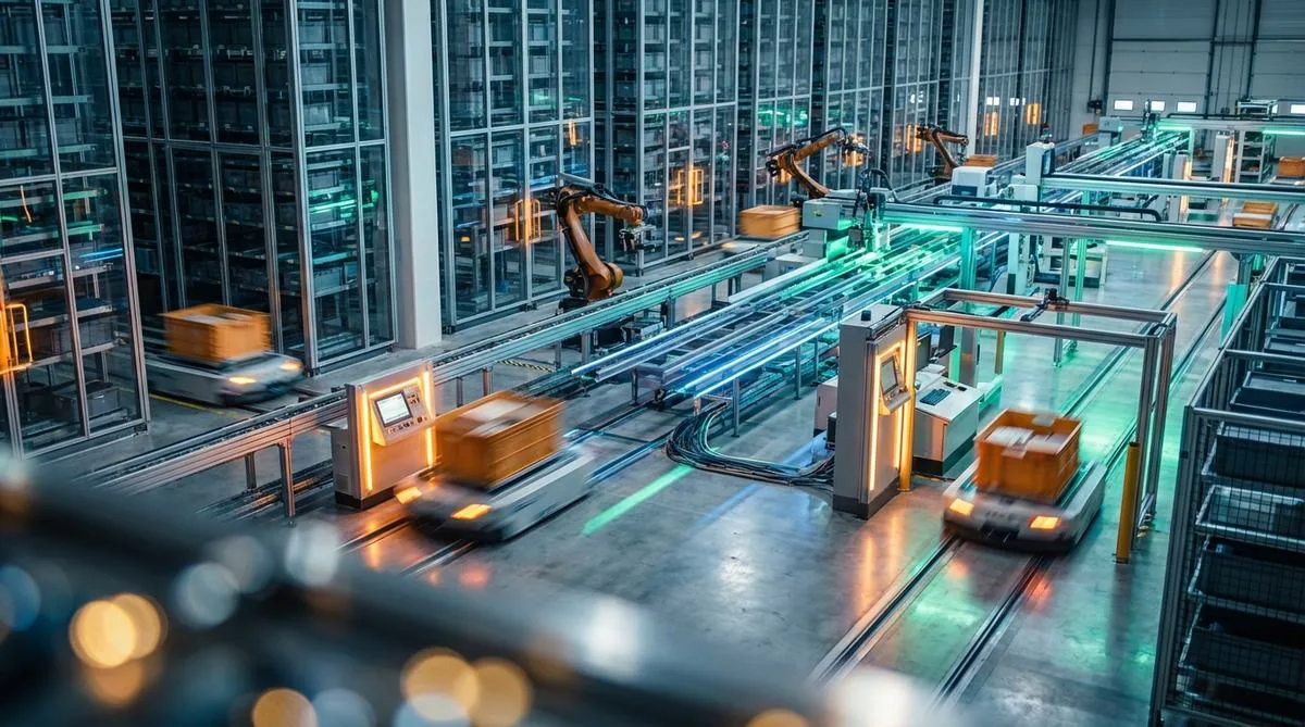 Abstrakcyjne przedstawienie nowoczesnego magazynu zautomatyzowanego technologią, ilustrujące efektywność i innowacyjność w zarządzaniu. Widoczne innowacyjne systemy magazynowe w dynamicznej kompozycji.