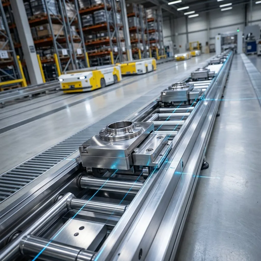 Dynamiczne ujęcie metalowych komponentów na precyzyjnym podajniku produkcyjnym pod kątem diagonalnym, ilustrujące płynną intralogistykę i brak mikroprzestojów OEE.