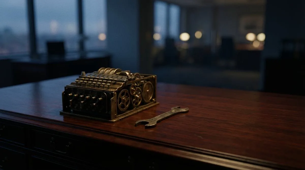 Skomplikowany mosiężny mechanizm szyfrujący porzucony na eleganckim biurku w pustym biurze, symbolizujący wiedzę plemienną i brak dokumentacji.
