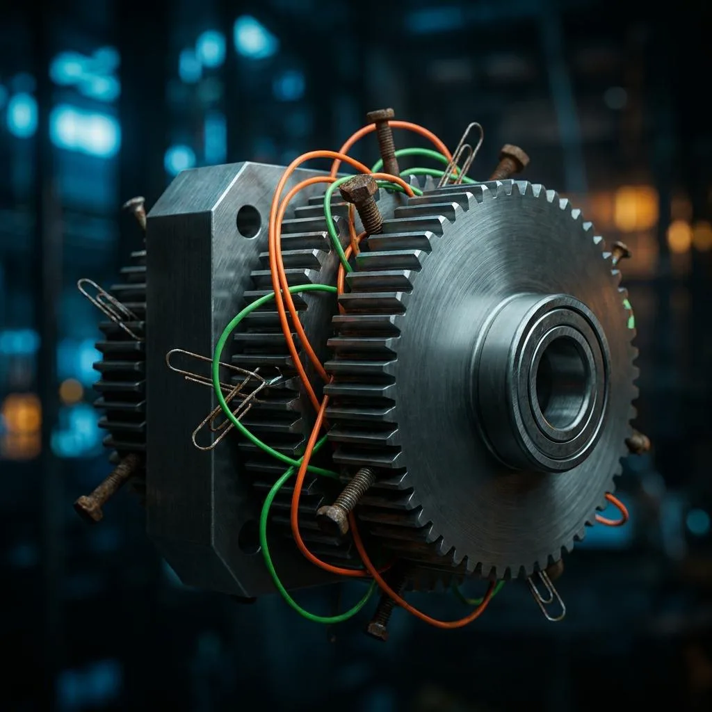 Ciężki metalowy mechanizm zablokowany przez prowizoryczne, poplątane kable i niepasujące śruby, symbolizujący zjawisko Shadow IT i dług technologiczny w systemach ERP.