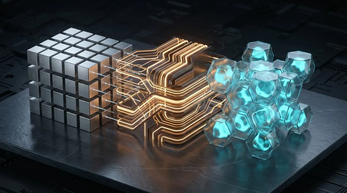 Abstrakcyjna, fotorealistyczna kompozycja architektoniczna przedstawiająca trzy różne struktury geometryczne, symbolizujące systemy Task Management, BPMS oraz Case Management.