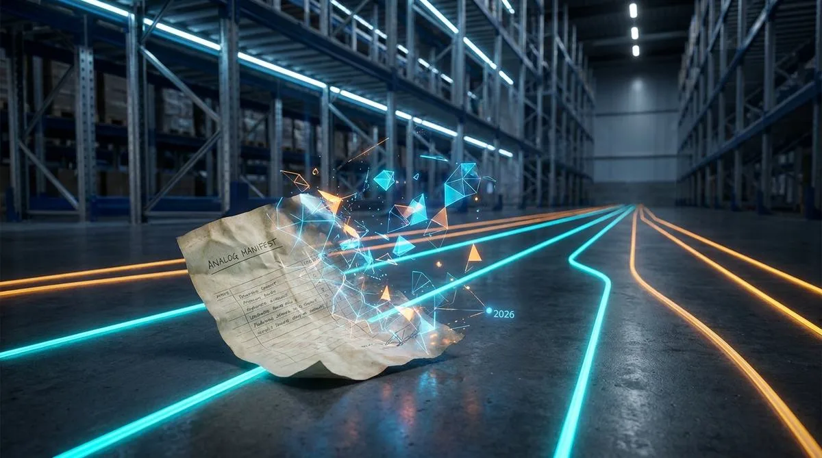 Zgnieciony papier przekształcający się w świecące, geometryczne sieci danych na posadzce nowoczesnego, zautomatyzowanego magazynu logistycznego.