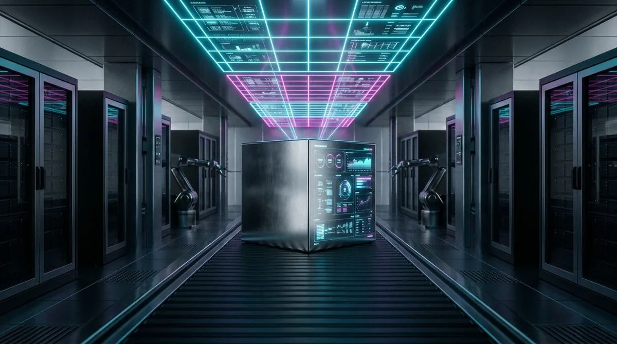 Symetryczna, futurystyczna scena przedstawiająca cyfrowe siatki świetlne nakładające się na stalowy element na taśmie produkcyjnej, symbolizująca zaawansowaną integrację e-commerce z systemami przemysłowymi.