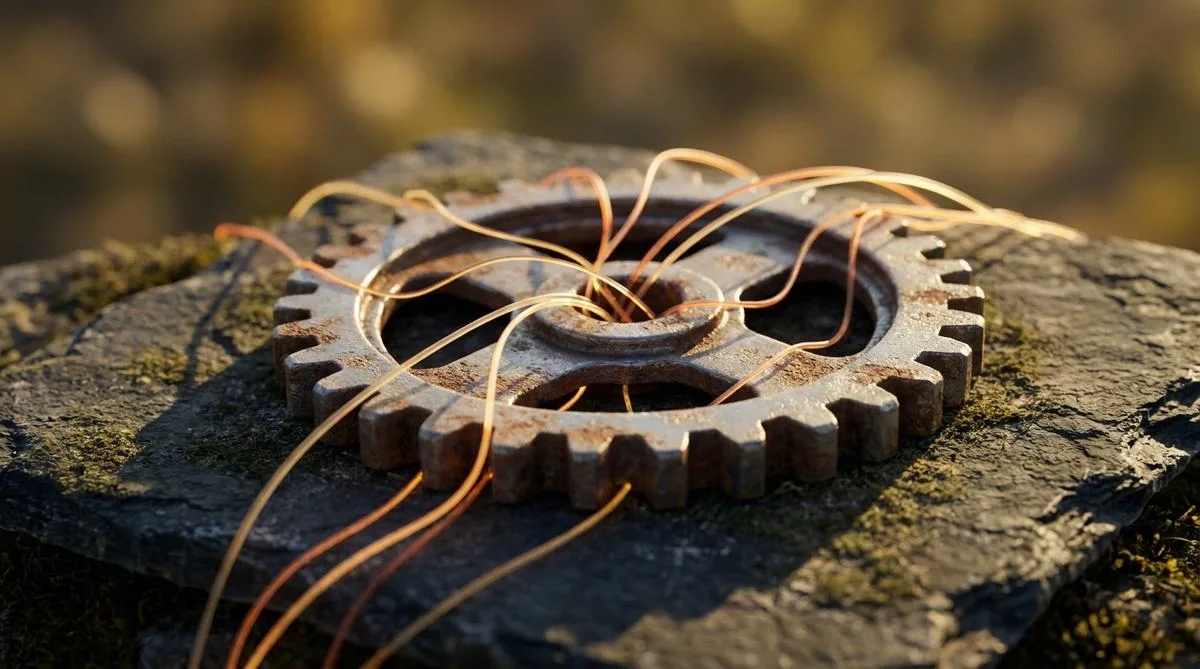 Zblizenie na sztywny, metalowy mechanizm, który jest oplątywany przez elastyczne, świetliste włókna o ciepłej barwie, symbolizujące nowoczesne systemy AI.