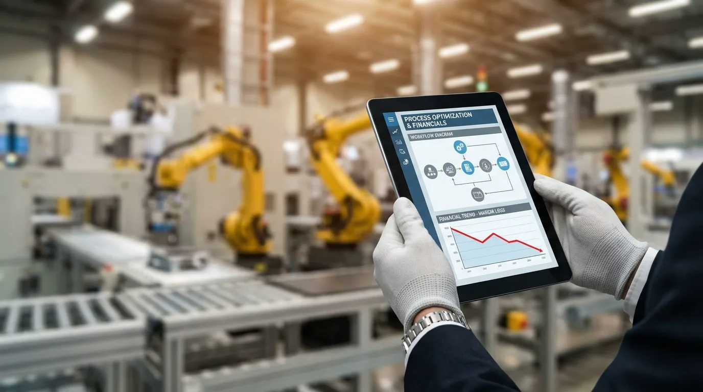Zbliżenie na tablet z wykresem spadku marży na tle rozmytej hali produkcyjnej, symbolizujące analizę kosztów operacyjnych.