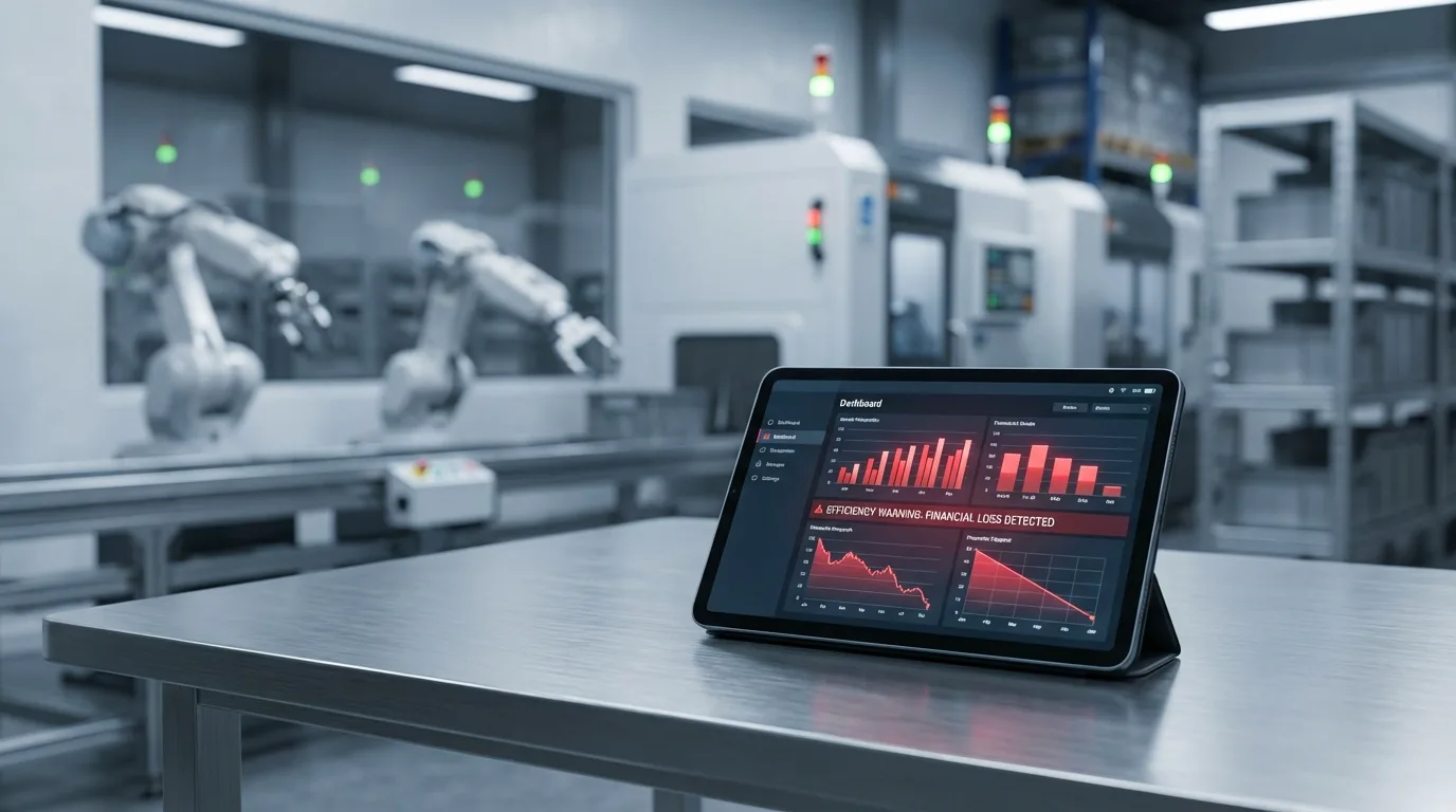 Tablet na biurku w hali produkcyjnej wyświetlający wykresy spadku wydajności i kosztów operacyjnych.