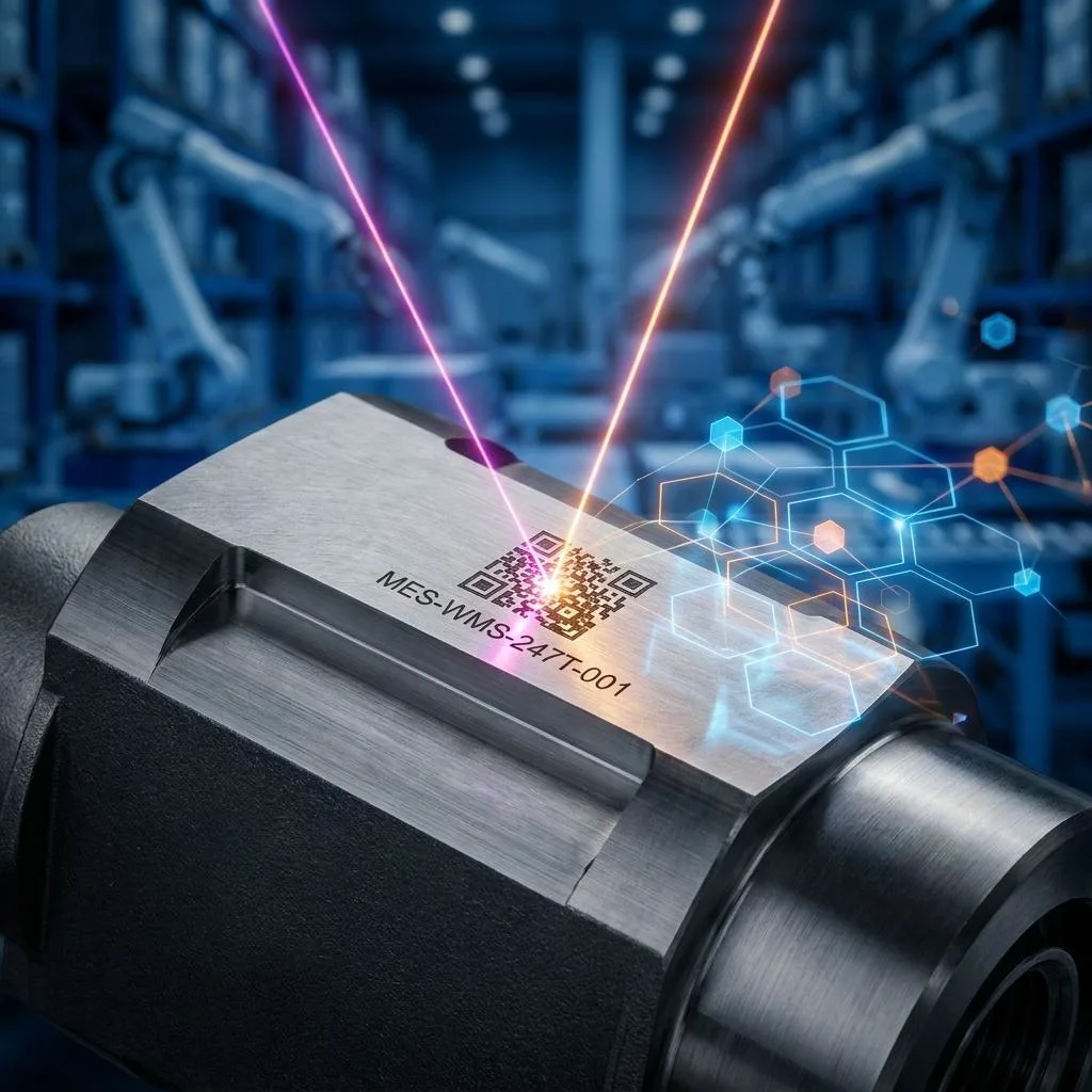Makro fotografia metalowego detalu z wygrawerowanym kodem, skanowanego przez laserowy promień generujący geometryczne struktury danych.