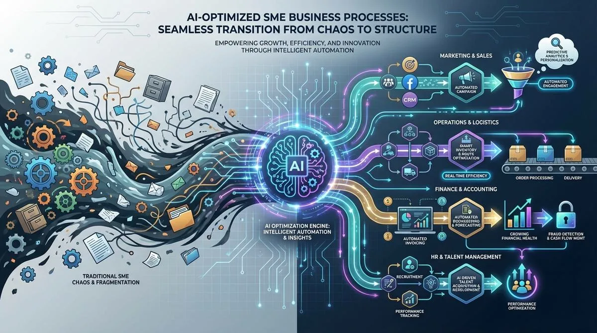 Infografika ilustrująca optymalizację procesów biznesowych w MŚP dzięki sztucznej inteligencji, z abstrakcyjnymi elementami technologicznymi i dynamicznym tłem.