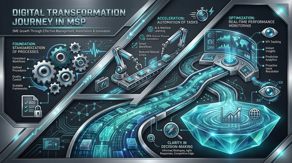 Infografika przedstawiająca podróż transformacji cyfrowej w małych i średnich przedsiębiorstwach, z abstrakcyjnymi elementami symbolizującymi efektywność i innowacyjność.