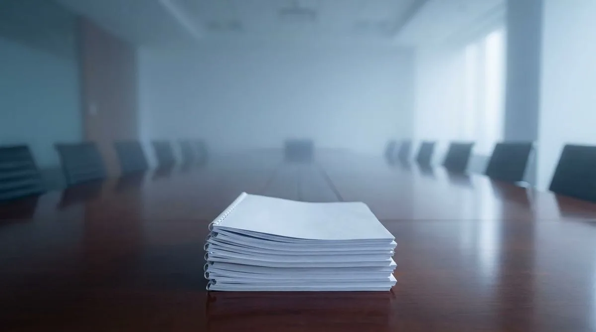 Symetryczne zdjęcie nowoczesnego stołu konferencyjnego, gdzie stos raportów jest wyraźny, ale reszta pomieszczenia tonie w gęstej mgle symbolizującej brak danych.