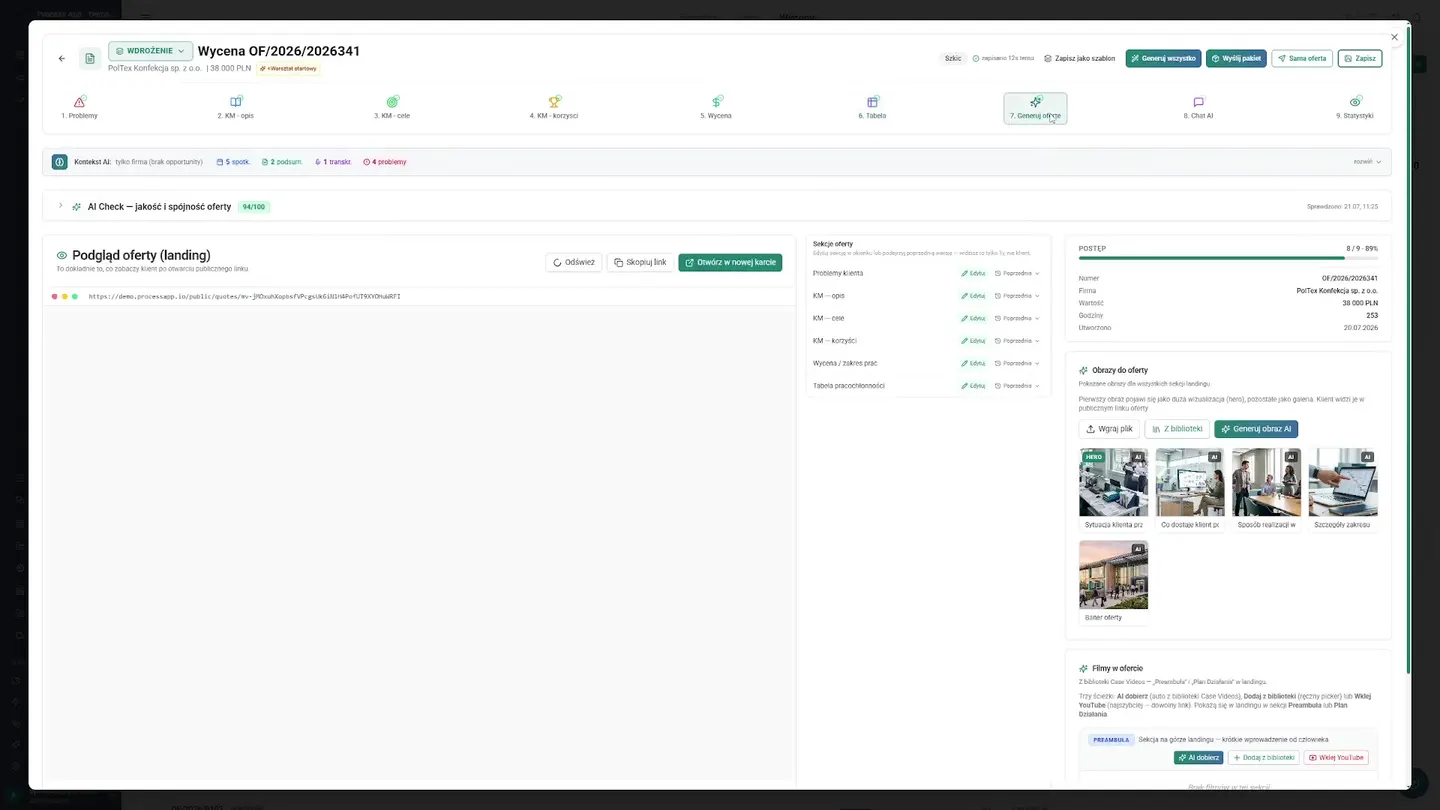 Przewijanie wygenerowanej oferty w formie landing page'a, a następnie zakładki czatu i statystyk odwiedzin. Efekt pracy kreatora to interaktywna oferta w formie nowoczesnej strony internetowej. Handlowiec płynnie przewija jej podgląd przed wysyłką. Po udostępnieniu linku zespół przestaje zgadywać, czy klient otworzył maila. W zakładce czatu mogą odpowiadać na pytania, a statystyki pokazują, ile czasu odbiorca spędził na propozycji. To daje im przewagę w negocjacjach, bo wiedzą, co interesuje klienta, zanim podniosą słuchawkę. Interaktywna oferta — Jak skróciliśmy czas ofertowania B2B z godzin do minut
