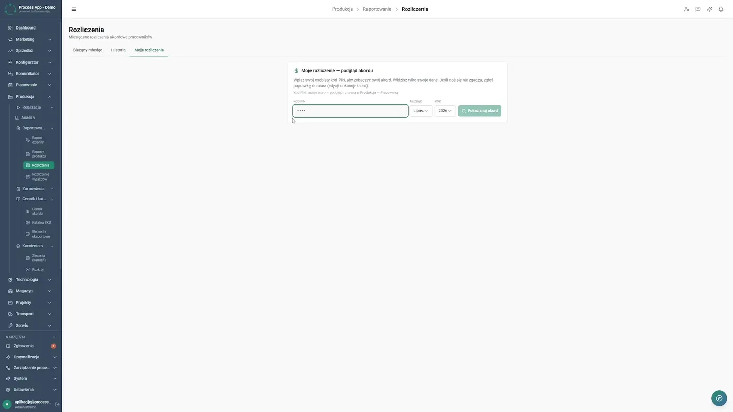 Przeglądanie i edycja automatycznie wygenerowanego podsumowania wynagrodzeń pracownika na podstawie zeskanowanych wcześniej operacji. Dział rozliczeń odczuwa największą ulgę po wdrożeniu, ponieważ wcześniej pracownicy kadr tracili czas na ręczne przeliczanie papierowych kart pracy, by wyliczyć wynagrodzenia akordowe. Teraz moduł rozliczeń działa automatycznie; po kliknięciu w nazwisko pracownika widzą szczegółowe rozliczenie oparte na zeskanowanych operacjach. System jest elastyczny, umożliwia łatwe edytowanie lub usuwanie pozycji, co pozwala szybko korygować pomyłki. Na koniec wyświetlane jest przejrzyste podsumowanie miesięczne, a dział kadr otrzymuje gotowe, bezbłędne zestawienia płacowe, co kończy problem ręcznego liczenia akordów. Automatyczne rozliczenia — Jak wyeliminować papier z hali i zautomatyzować akordy