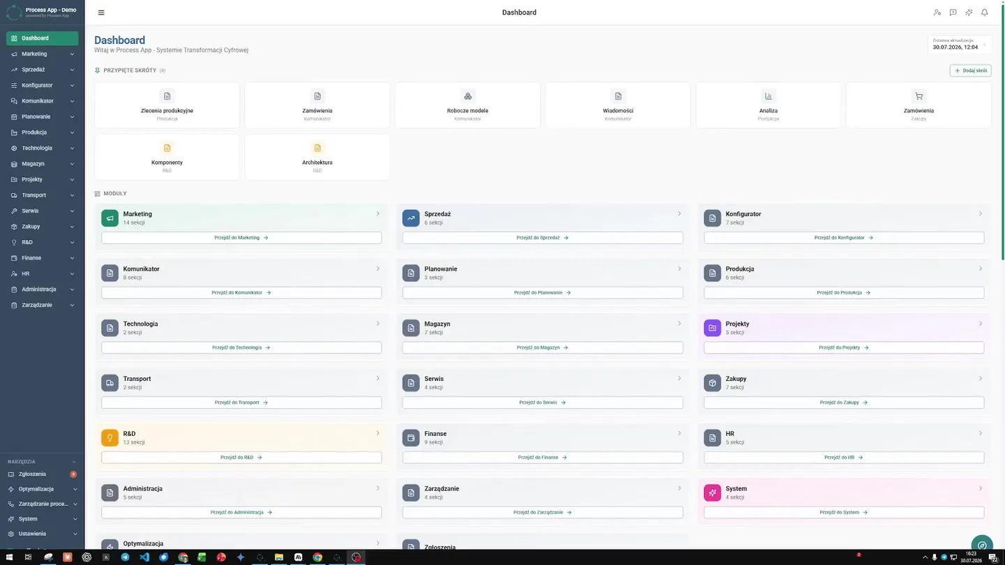 Użytkownik klika w zakładkę Technologia i widzi główny dashboard modułu. Dziś główny technolog producenta mebli widzi kluczowe wskaźniki i podsumowania w jednym, czytelnym kokpicie. Wejście do systemu — Jak zautomatyzować BOM i wyceny w produkcji mebli