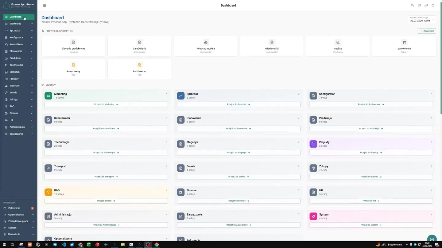 Nawigacja z głównego dashboardu do modułu Zakupy i otwarcie szczegółów konkretnego zamówienia. Maile i telefony do dostawców zastąpiono centralnym pulpitem, dając kierownikowi działu zakupów przejrzystą listę zamówień i szybki dostęp do szczegółów dostaw, bez tracenia czasu. Centralny panel zamówień — Jak wyeliminować braki materiałowe w projektach | Case Study