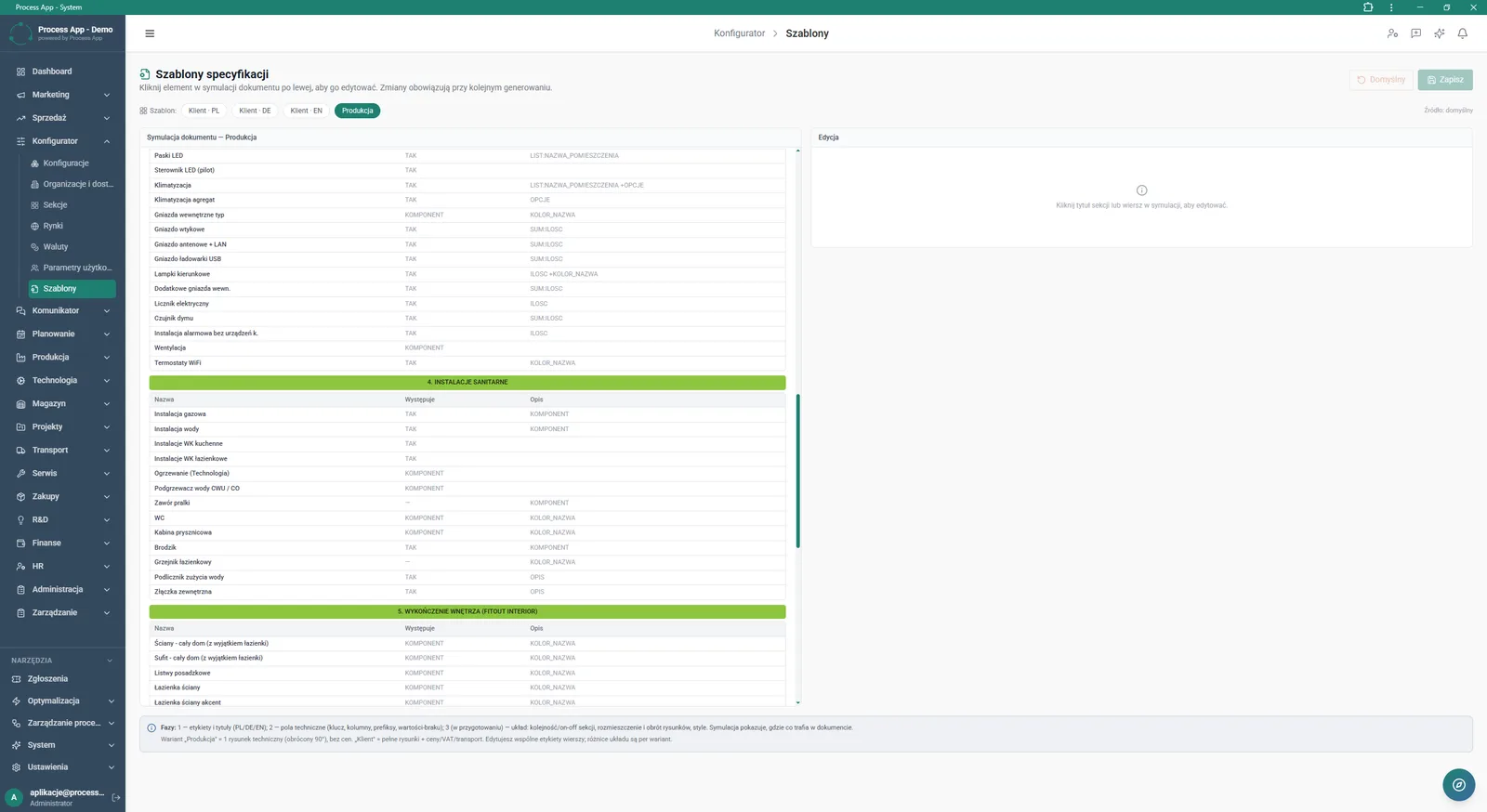 Ekran Szablony specyfikacji w module Konfigurator prezentuje dwupanelowy widok z symulacją dokumentu produkcyjnego po lewej stronie oraz panelem gotowym do edycji wybranego elementu po prawej.