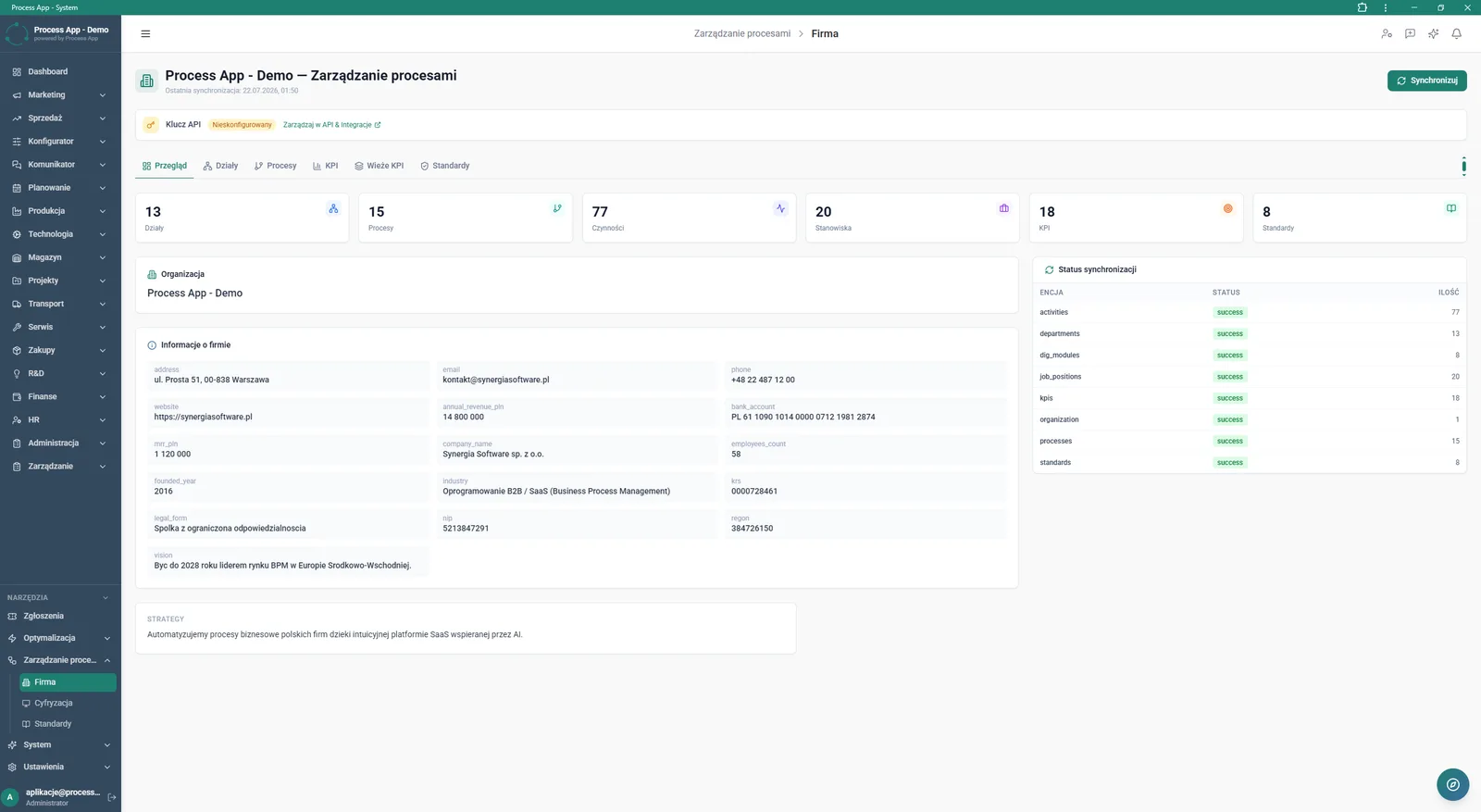 Ekran przeglądu danych firmy w module zarządzania procesami, prezentujący statystyki liczbowe, szczegółowe informacje o organizacji oraz tabelę ze statusem synchronizacji encji.