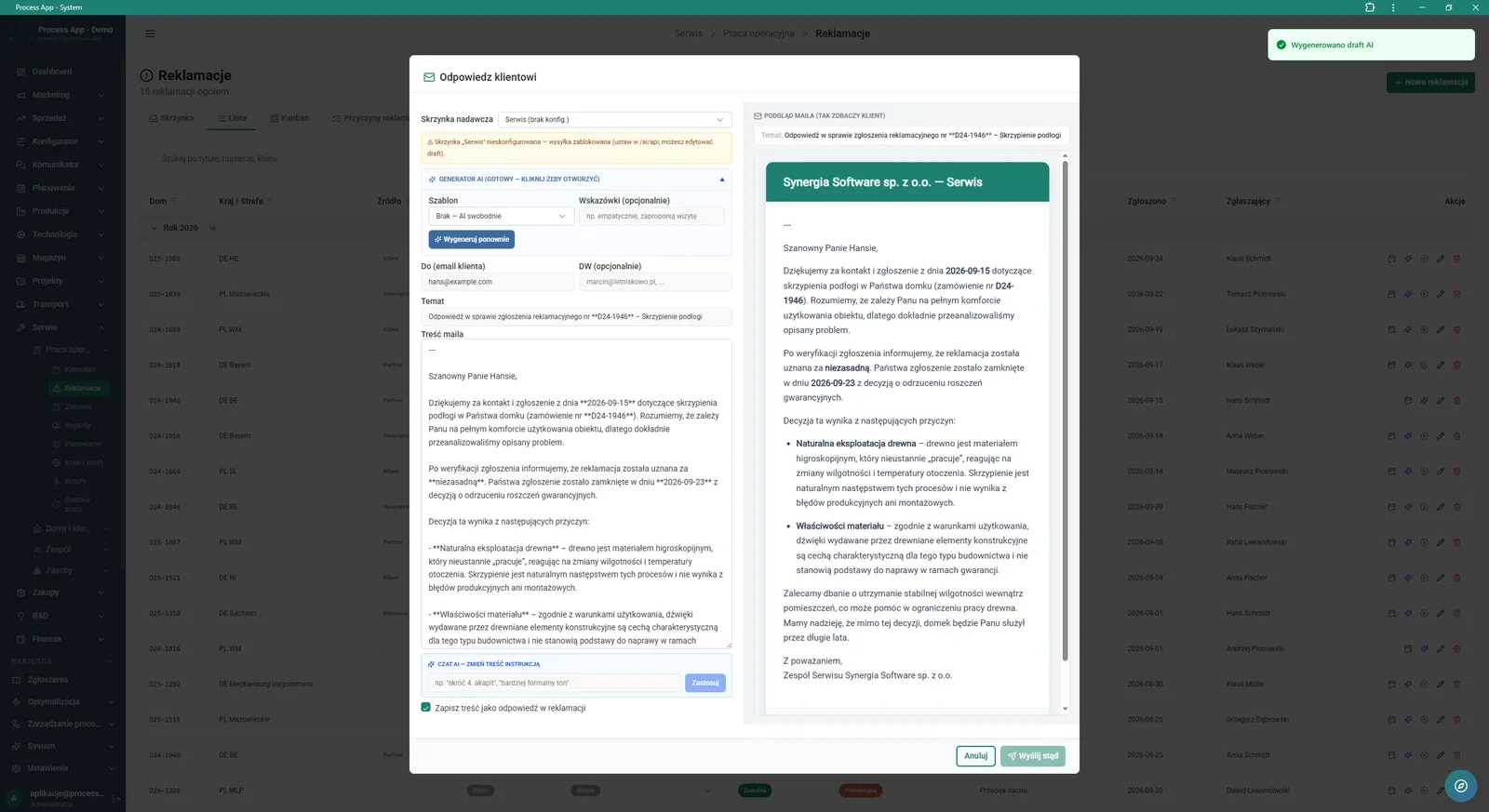Ekran listy reklamacji z otwartym oknem modalnym „Odpowiedz klientowi”, prezentującym formularz tworzenia wiadomości e-mail z wykorzystaniem generatora AI oraz podglądem gotowej wiadomości.