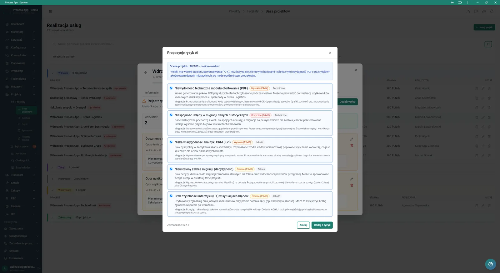 Ekran Baza projektów z otwartym oknem modalnym Propozycje ryzyk AI, prezentującym wygenerowaną listę potencjalnych zagrożeń w projekcie wraz z ich oceną i planem mitygacji.