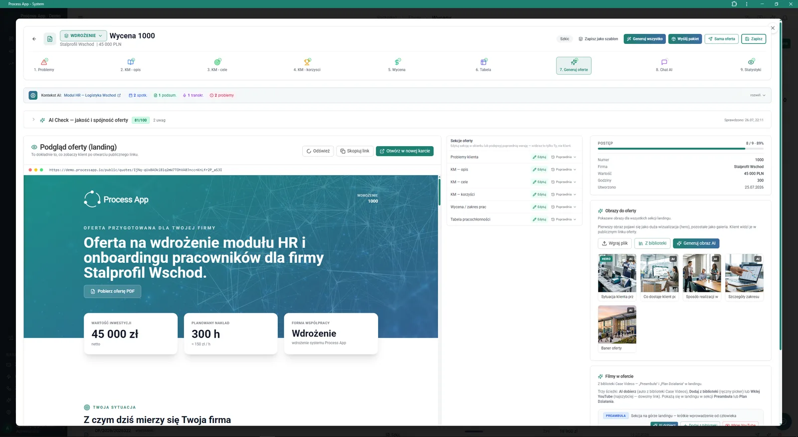 Ekran kreatora oferty na etapie "Generuj ofertę", wyświetlający interaktywny podgląd publicznego landing page'a dla klienta oraz panele boczne do zarządzania sekcjami, postępem i multimediami.