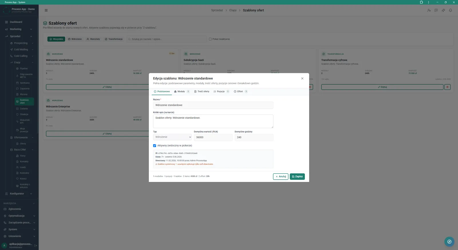 Ekran Szablony ofert z otwartym oknem modalnym edycji konkretnego szablonu, wyświetlającym formularz z podstawowymi parametrami, zakładki konfiguracyjne oraz kafelki dostępnych szablonów w tle.